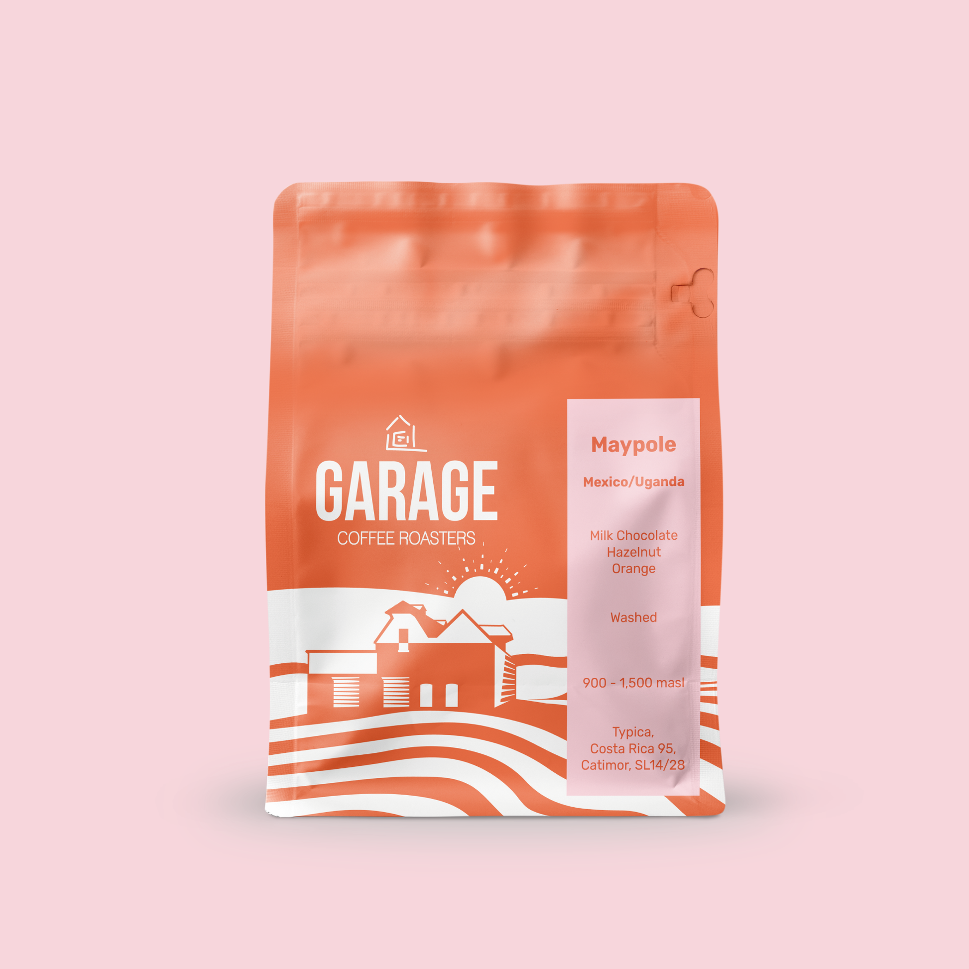 A packaged bag of Garage Coffee Roasters Maypole blend coffee beans.